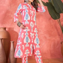 Pink Floral Printed  A-Line Kurta With Trouser Kurta Set