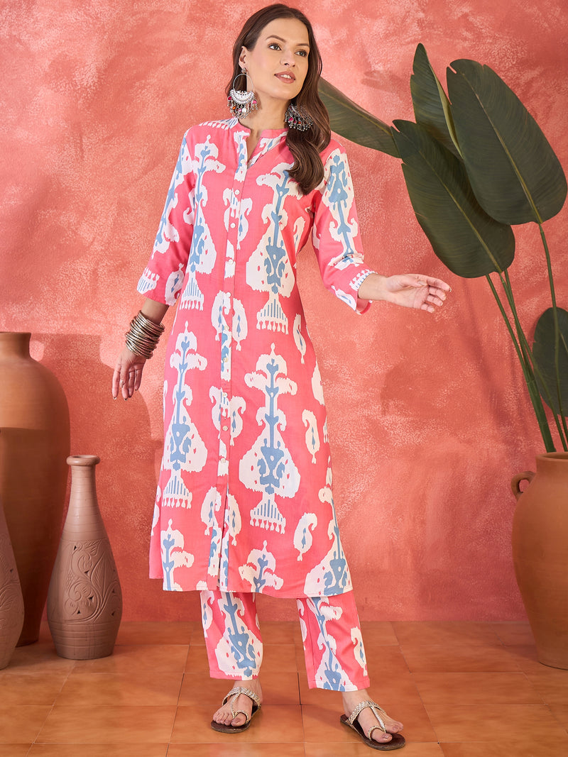 Pink Floral Printed  A-Line Kurta With Trouser Kurta Set
