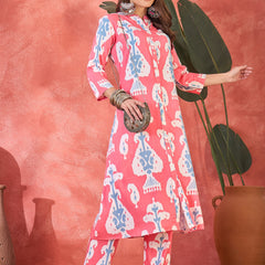 Pink Floral Printed  A-Line Kurta With Trouser Kurta Set