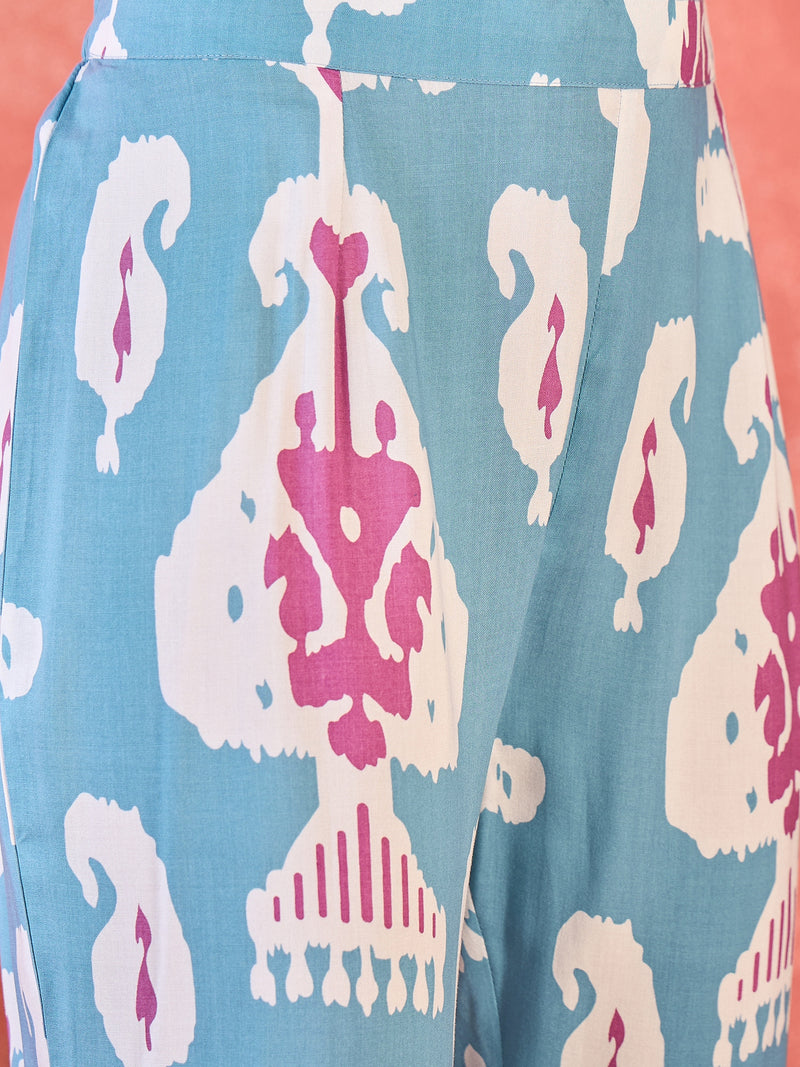 Sky Blue Floral Printed  A-Line Kurta With Trouser Kurta Set