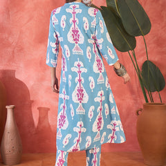 Sky Blue Floral Printed  A-Line Kurta With Trouser Kurta Set