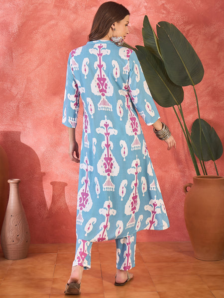 Sky Blue Floral Printed  A-Line Kurta With Trouser Kurta Set