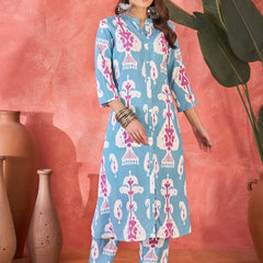 Sky Blue Floral Printed  A-Line Kurta With Trouser Kurta Set
