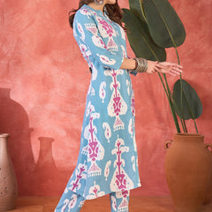 Sky Blue Floral Printed  A-Line Kurta With Trouser Kurta Set