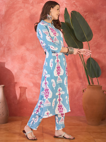 Sky Blue Floral Printed  A-Line Kurta With Trouser Kurta Set