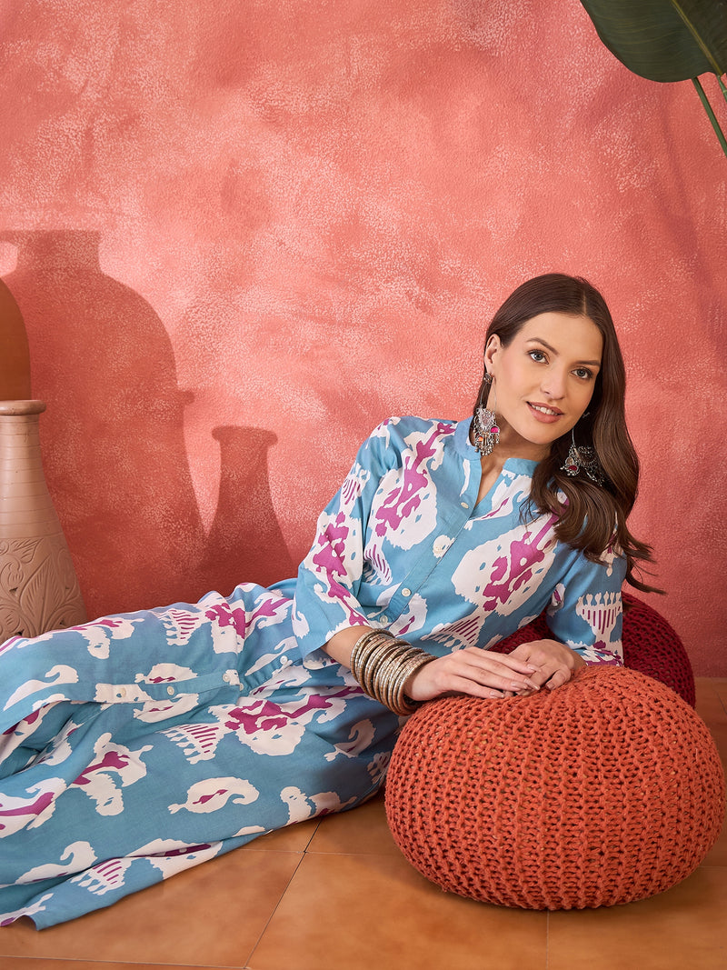 Sky Blue Floral Printed  A-Line Kurta With Trouser Kurta Set