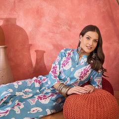 Sky Blue Floral Printed  A-Line Kurta With Trouser Kurta Set