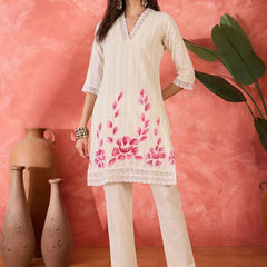 Off White Pure Cotton Straight With Trouser & Dupatta Kurta Set