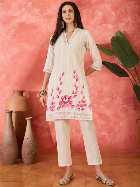 Off White Pure Cotton Straight With Trouser & Dupatta Kurta Set
