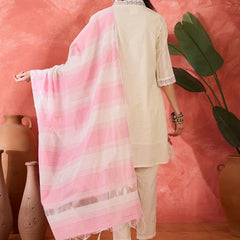 Off White Pure Cotton Straight With Trouser & Dupatta Kurta Set