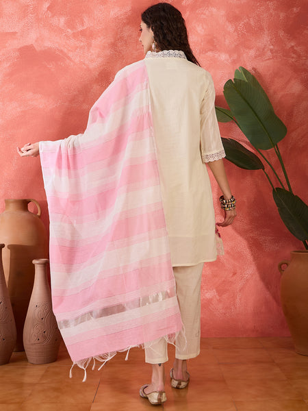 Off White Pure Cotton Straight With Trouser & Dupatta Kurta Set
