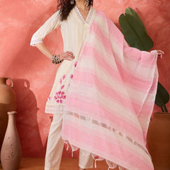 Off White Pure Cotton Straight With Trouser & Dupatta Kurta Set