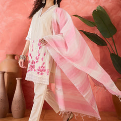 Off White Pure Cotton Straight With Trouser & Dupatta Kurta Set