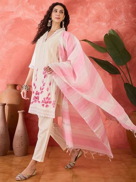 Off White Pure Cotton Straight With Trouser & Dupatta Kurta Set