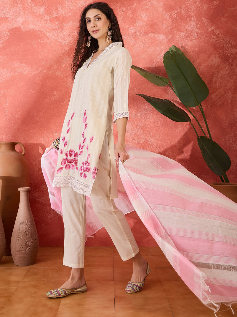 Off White Pure Cotton Straight With Trouser & Dupatta Kurta Set