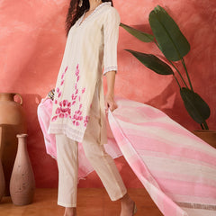 Off White Pure Cotton Straight With Trouser & Dupatta Kurta Set