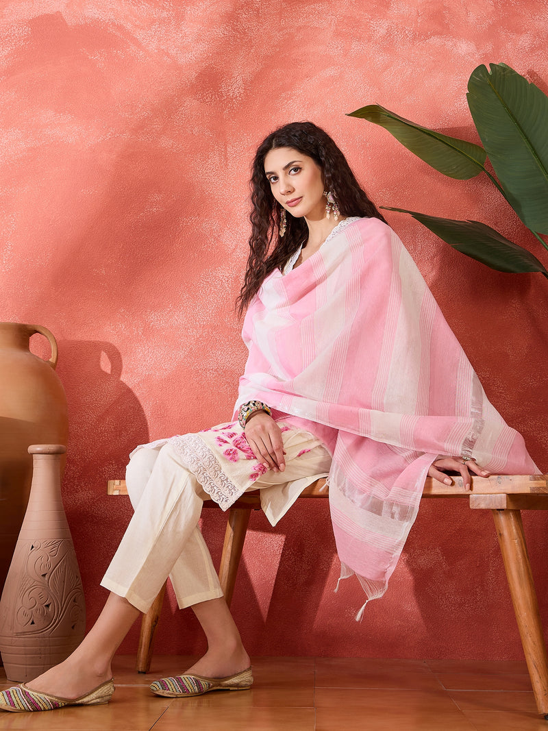 Off White Pure Cotton Straight With Trouser & Dupatta Kurta Set