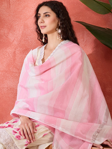 Off White Pure Cotton Straight With Trouser & Dupatta Kurta Set