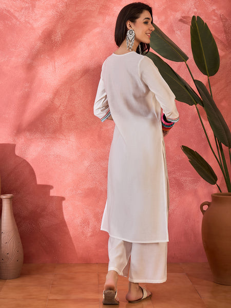 Off White Floral Embroidered Straight Kurta With Trouser Kurta Set