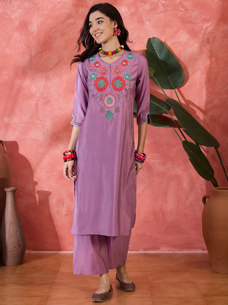 Teal Biue Floral Embroidered Straight Kurta With Trouser Kurta Set