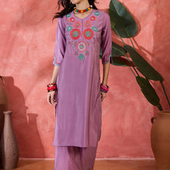 Teal Biue Floral Embroidered Straight Kurta With Trouser Kurta Set