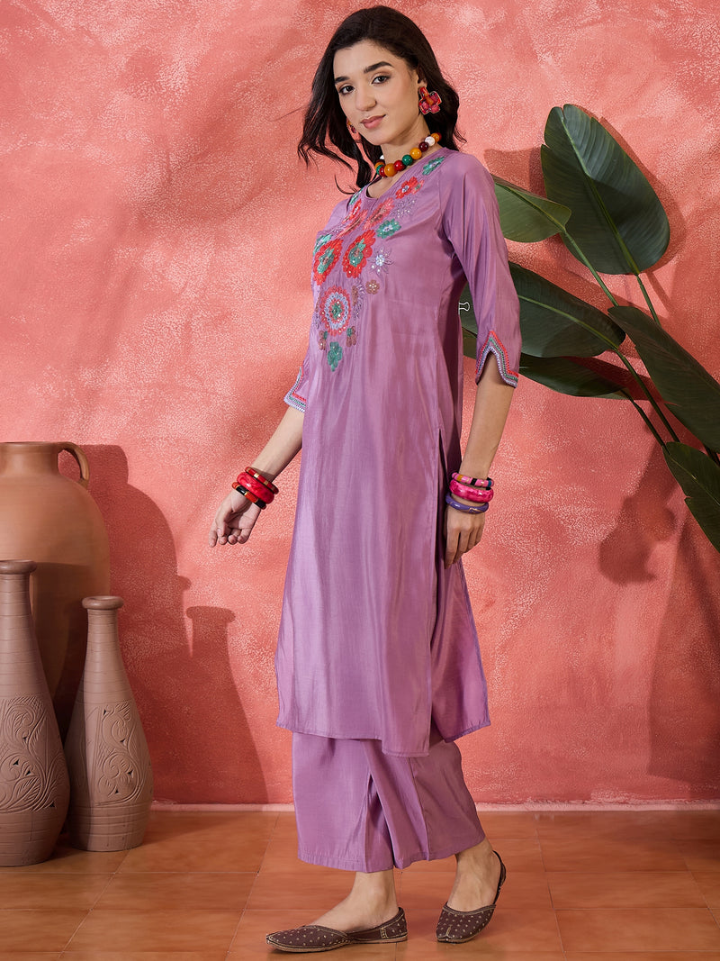 Teal Biue Floral Embroidered Straight Kurta With Trouser Kurta Set