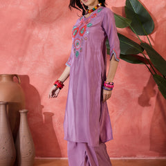Teal Biue Floral Embroidered Straight Kurta With Trouser Kurta Set