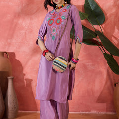 Teal Biue Floral Embroidered Straight Kurta With Trouser Kurta Set