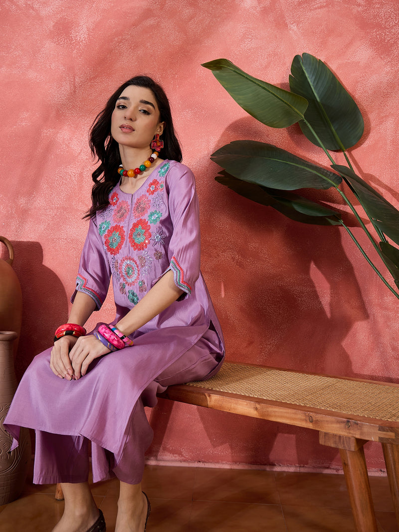 Teal Biue Floral Embroidered Straight Kurta With Trouser Kurta Set