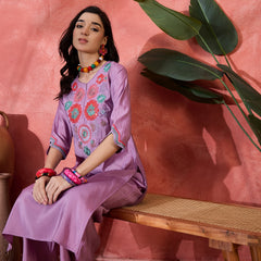 Teal Biue Floral Embroidered Straight Kurta With Trouser Kurta Set