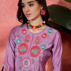 Teal Biue Floral Embroidered Straight Kurta With Trouser Kurta Set