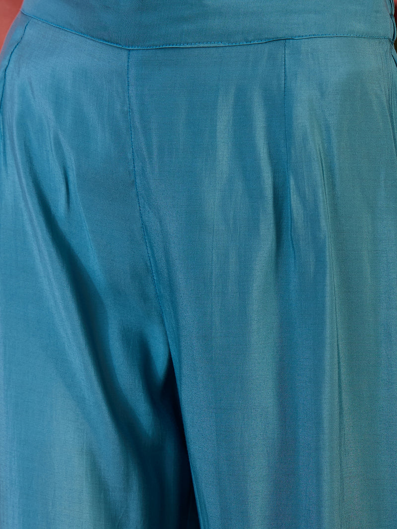Teal Biue Floral Embroidered Straight Kurta With Trouser Kurta Set