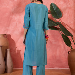 Teal Biue Floral Embroidered Straight Kurta With Trouser Kurta Set
