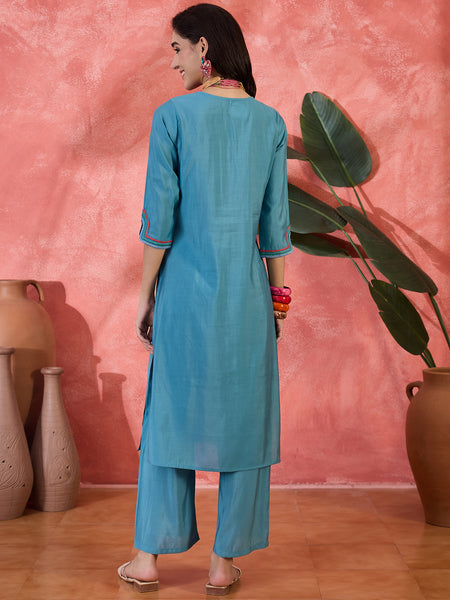 Teal Biue Floral Embroidered Straight Kurta With Trouser Kurta Set