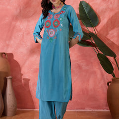 Teal Biue Floral Embroidered Straight Kurta With Trouser Kurta Set