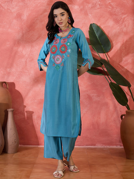 Teal Biue Floral Embroidered Straight Kurta With Trouser Kurta Set