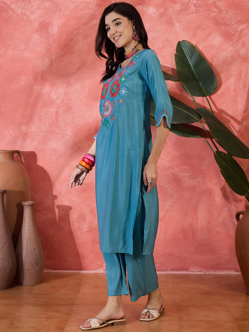 Teal Biue Floral Embroidered Straight Kurta With Trouser Kurta Set
