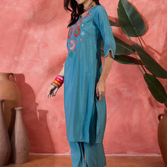 Teal Biue Floral Embroidered Straight Kurta With Trouser Kurta Set