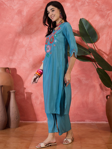 Teal Biue Floral Embroidered Straight Kurta With Trouser Kurta Set