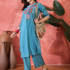 Teal Biue Floral Embroidered Straight Kurta With Trouser Kurta Set