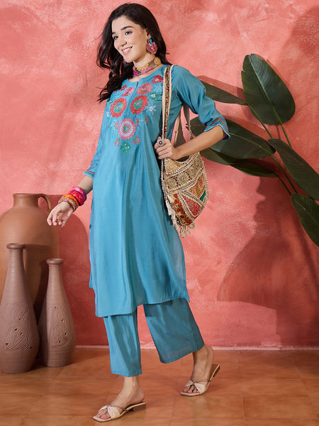 Teal Biue Floral Embroidered Straight Kurta With Trouser Kurta Set