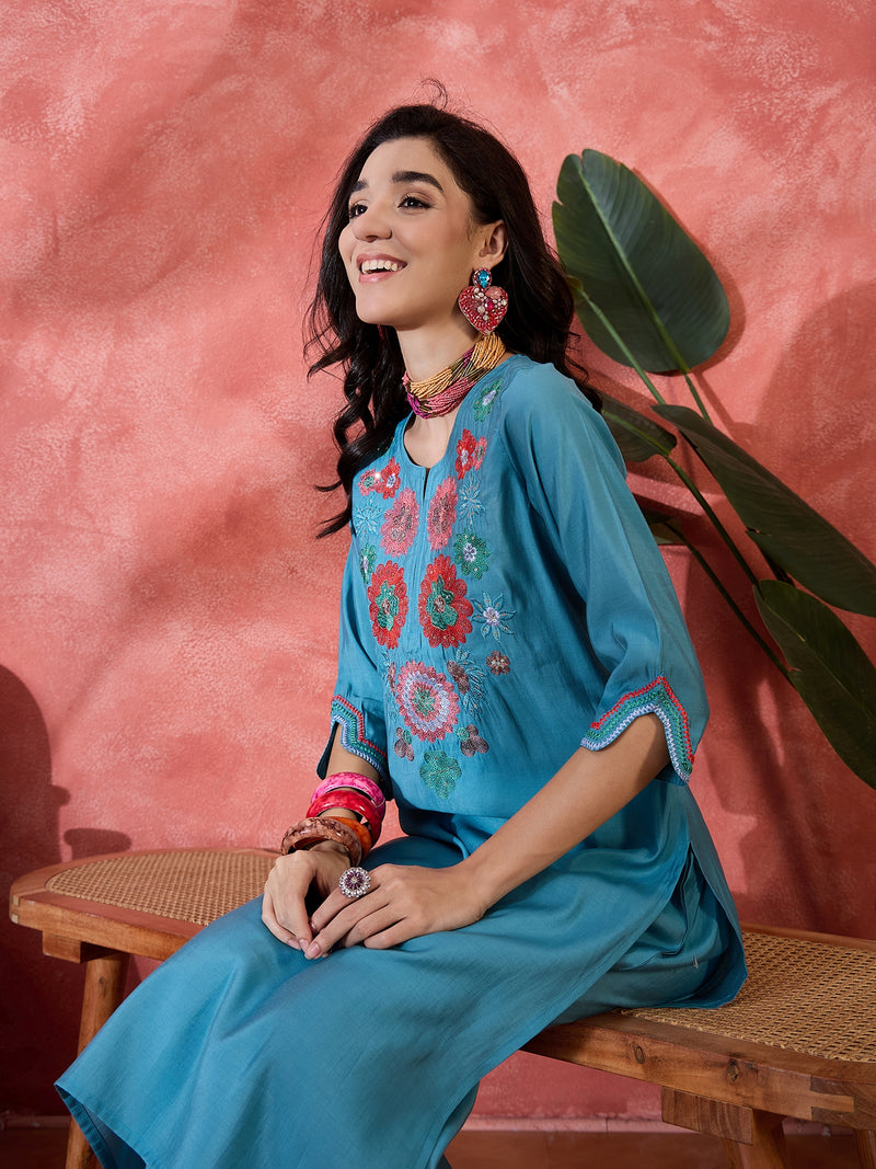 Teal Biue Floral Embroidered Straight Kurta With Trouser Kurta Set