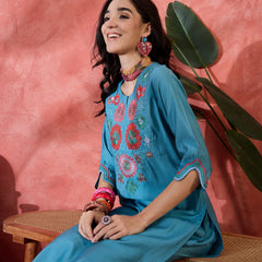 Teal Biue Floral Embroidered Straight Kurta With Trouser Kurta Set
