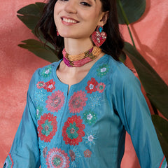 Teal Biue Floral Embroidered Straight Kurta With Trouser Kurta Set