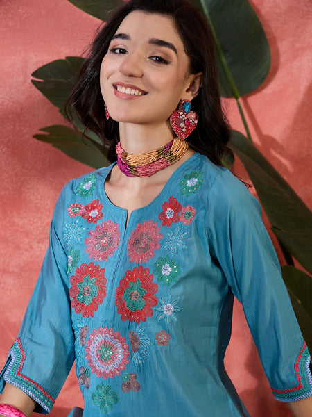 Teal Biue Floral Embroidered Straight Kurta With Trouser Kurta Set