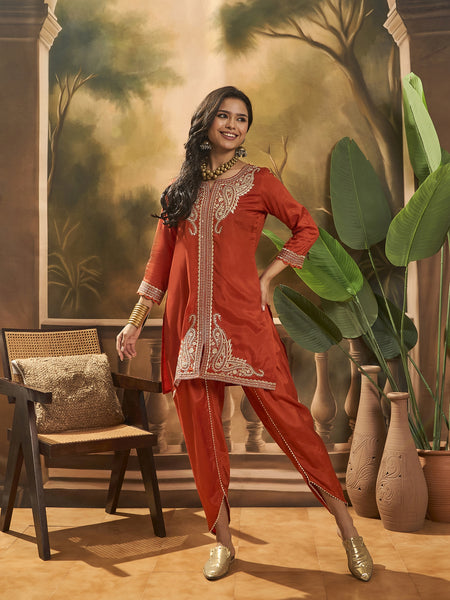 Floral Embroidered & Sequinned Tunic With Dhoti Pant