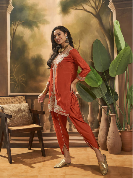Floral Embroidered & Sequinned Tunic With Dhoti Pant