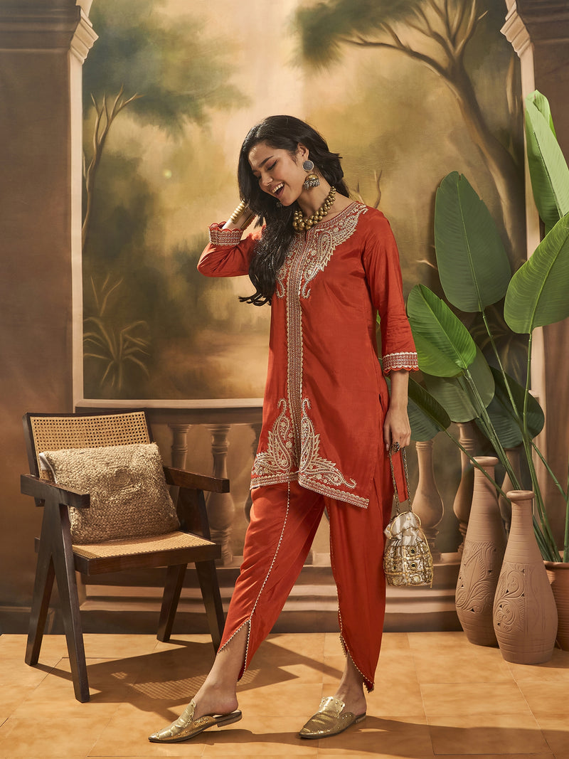 Floral Embroidered & Sequinned Tunic With Dhoti Pant