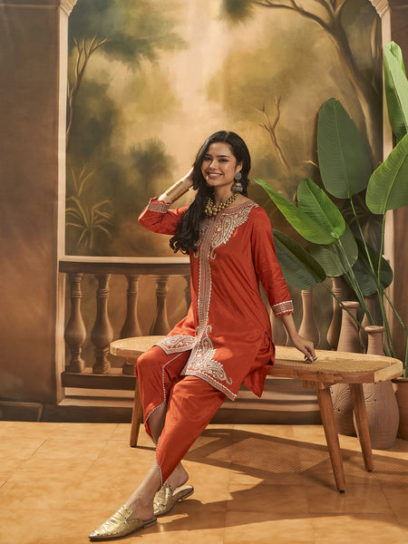 Floral Embroidered & Sequinned Tunic With Dhoti Pant