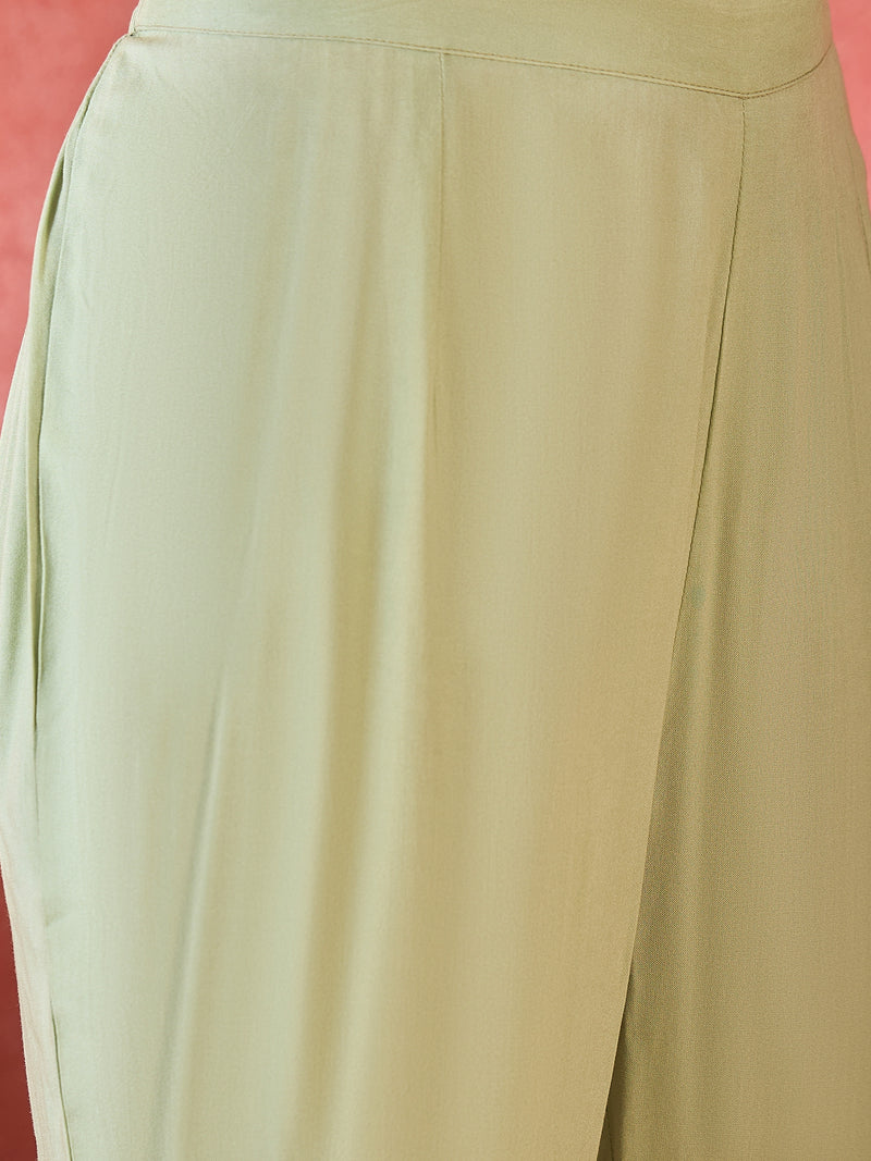 Green Floral Printed Kaftan Kurta Set with Mirror Work